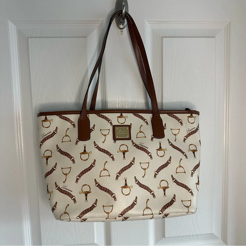 Lauren Ralph Lauren Cream and Brown Tote with Playful Pattern - Picture 1 of 7